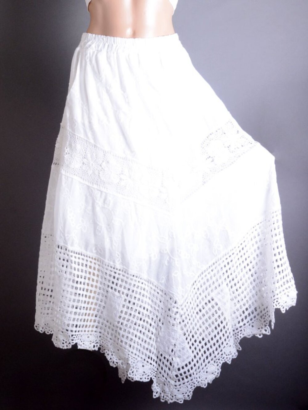 White Eyelet Crochet Floral Elastic Waist Lined Summer Beach Asymmetrical Skirt